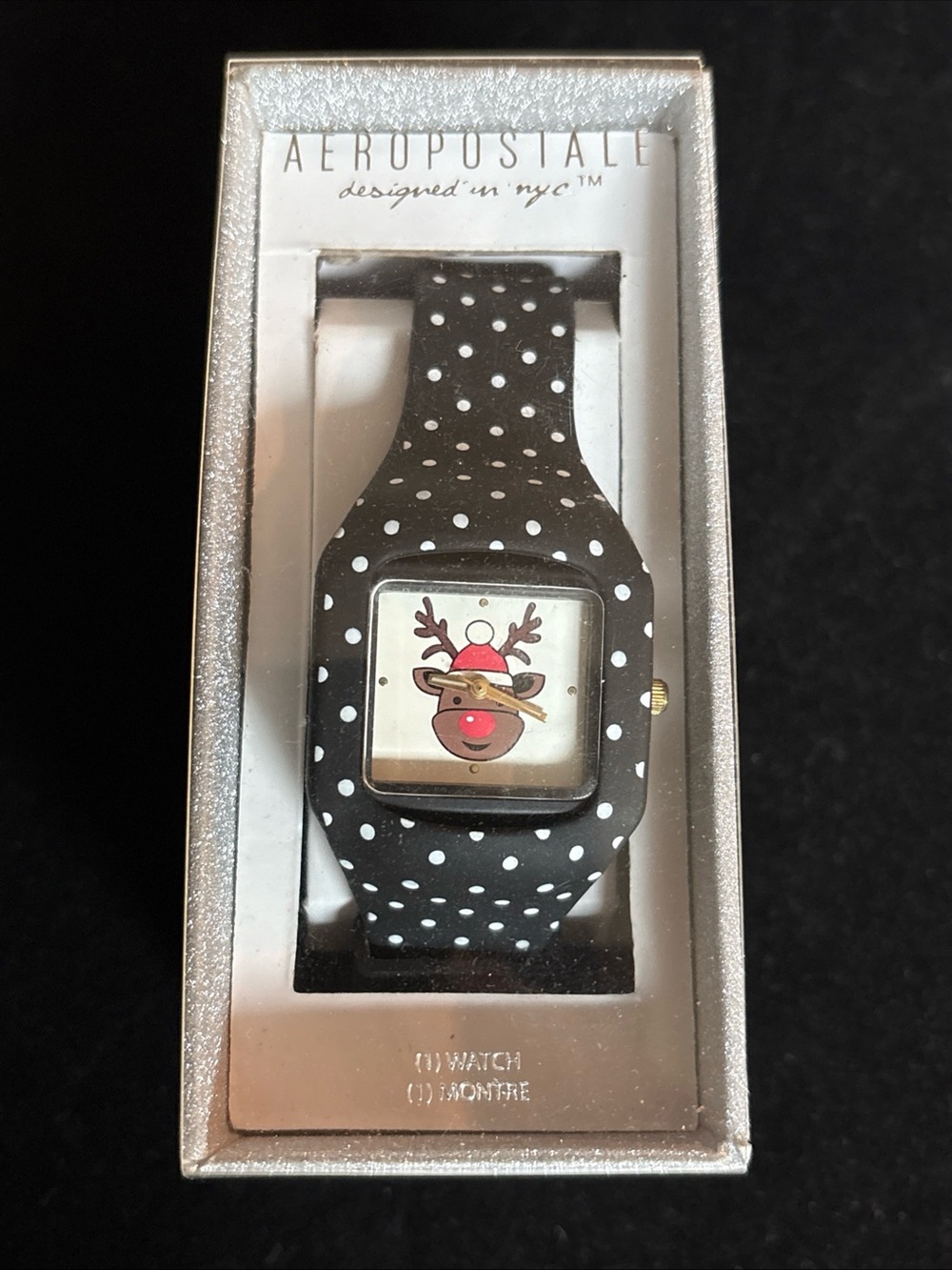 Aeropostale Black Polka Dot Reindeer Silicone Watch